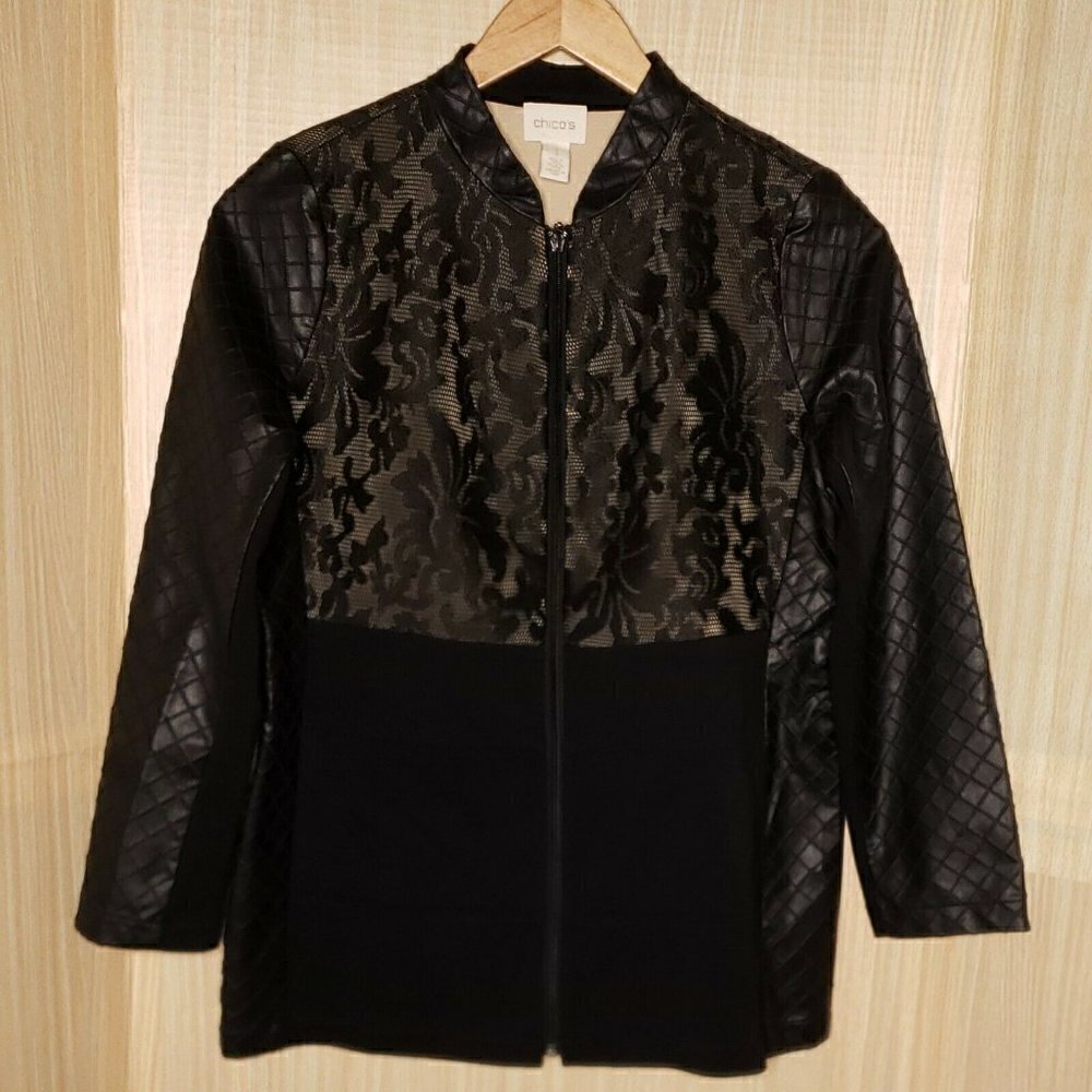 Chico's Faux Leather And Lace Zip Up Blazer 8